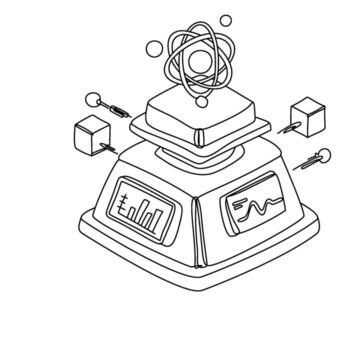 Isometric Diagram of a Scientific Data Processing Machine with Atom Model vector