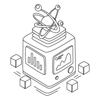 Isometric Data Analysis Server with Atom Model and Floating Cubes Outline vector