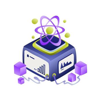Isometric Illustration of a Futuristic Science Lab with Atom Model vector
