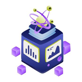 isométrica datos cubo con cartas y átomo modelo, púrpura y amarillo acentos vector