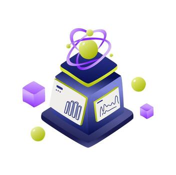 isométrica datos análisis plataforma con átomo modelo y gráfico muestra vector
