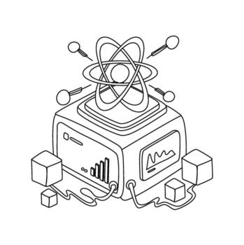 Isometric Computer with Atom Symbol and Data Cubes in Black and White Outline vector