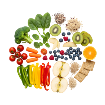 assortimento di fresco frutta, la verdura, cereali, e cracker disposte nel un' circolare modello isolato su trasparente sfondo png