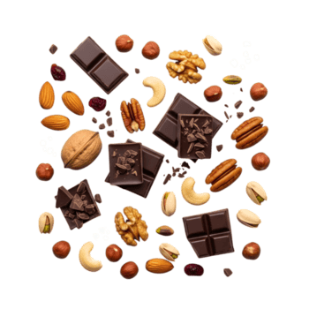 een verrukkelijk assortiment van geassorteerd noten en donker chocola stukken, inclusief amandelen, walnoten, pecannoten, cashewnoten, en hazelnoten, verspreide in een circulaire patroon geïsoleerd Aan een transparant achtergrond png
