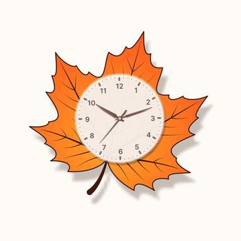 Wall analog clock face against an autumn maple leaf background. vector