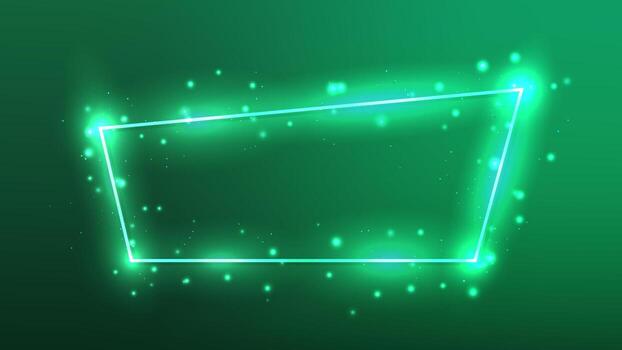 Neon trapezoid frame with shining effects and sparkles on dark green background. Empty glowing techno backdrop. illustration vector