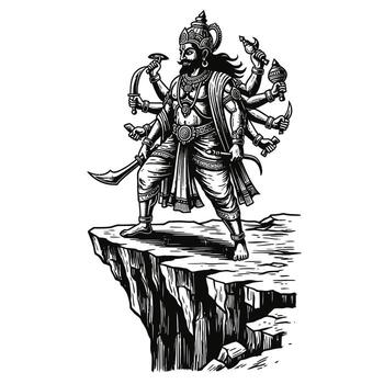 Ancient Hindu Deity With Multiple Arms On Cliff Edge vector