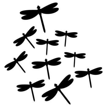 Dragonflies flying in a group against a white sky, creating a simple and elegant pattern with a touch of nature's beauty. vector