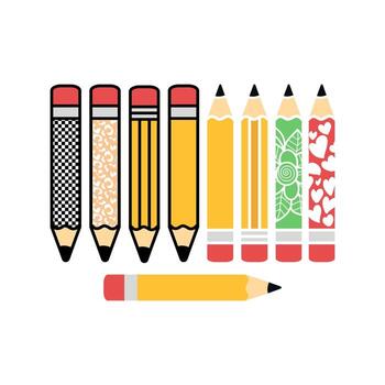 Colorful pencils stand in a row, some patterned, ready for school and creative projects, creating a playful and educational atmosphere. vector