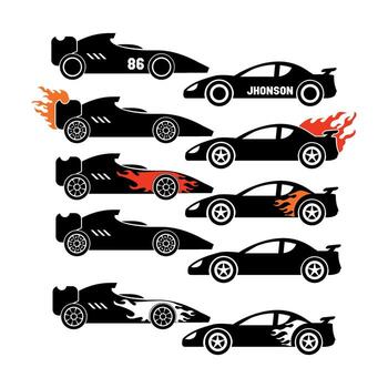 Collection of stylized race cars speeding on a white surface with flames and personalized details, creating a dynamic and exciting scene. vector