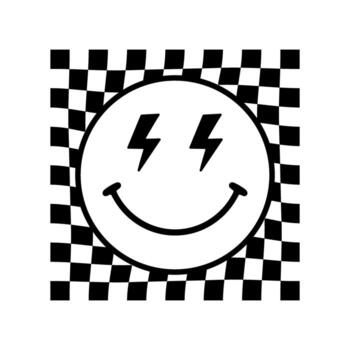 Smiling face with lightning bolt eyes sits on a checkered pattern, creating a retro and energetic mood. vector