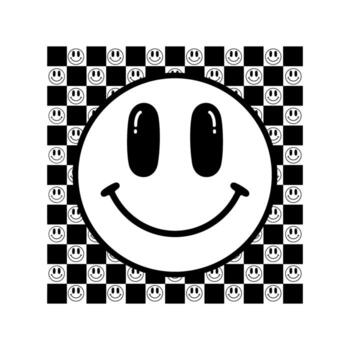 Smiling face sits on a checkered pattern of smaller smiling faces, creating a retro and playful vibe. vector