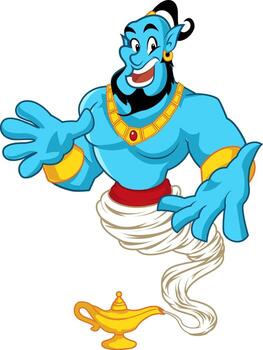 Magical blue genie emerging from a golden oil lamp, ready to grant wishes with a welcoming gesture and a smile, cartoon illustration vector