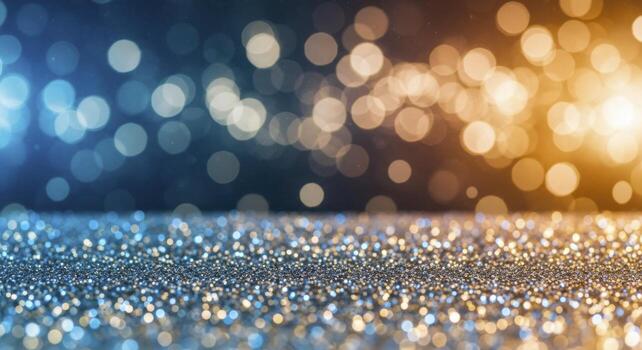 Sparkling Glittering Background Blue and Gold Bokeh Lights Festive Texture photo