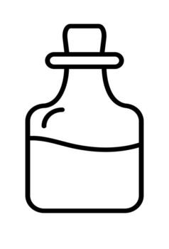 Outline icon of a corked bottle with liquid inside. Linear symbol for medicine, potion, or laboratory fluid. Pictogram of a chemical flask or perfume container. vector