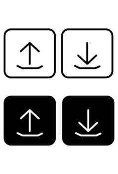 Four icons for upload and download actions. Outline and solid symbols for data transfer interface. Digital file exchange pictograms in black and white. vector