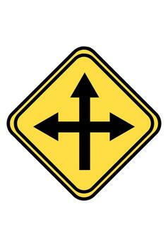 Four way intersection crossroad ahead warning. Junction with intersecting perpendicular roads. Traffic caution for a four-way crossing. vector