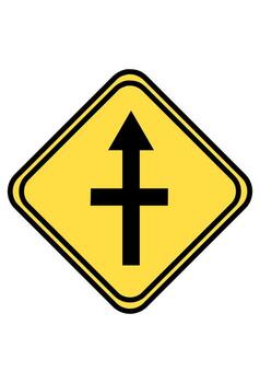 T junction with traffic straight through and across. Crossroad intersection ahead warning sign symbol. Traffic junction allowing all movements caution. vector