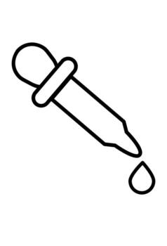 Outline eye dropper icon with a single liquid drop. Linear symbol for dispensing, dosage, or fluid transfer. Pictogram of a medical or science pipette instrument. vector