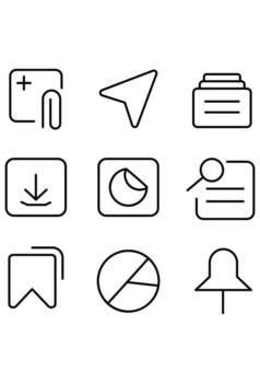 Nine essential outline icons for user interface design. Minimal app symbols for digital navigation and functions. Collection of linear UI icons on a white background. vector