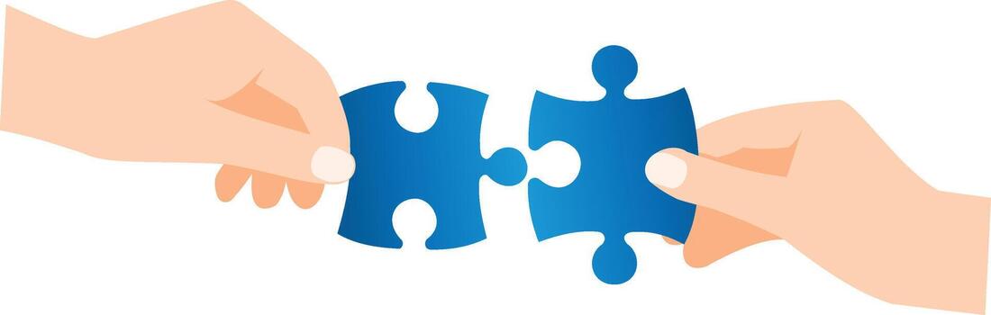 Two hands connect blue puzzle pieces symbolizing collaboration teamwork and problem solving vector