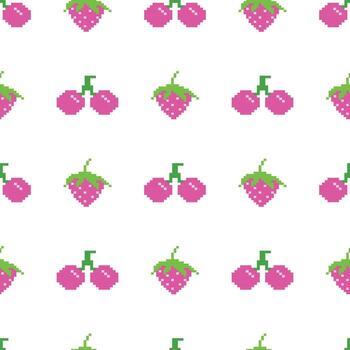 Pixel Art Raspberry and Cherry Seamless Pattern. Colorful pixel art pattern featuring raspberries and cherries in vibrant pink and green hues. vector