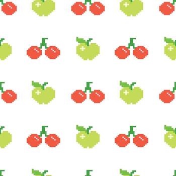 Colorful pixel fruit pattern illustration featuring red cherries and green apples in a seamless design. Perfect for backgrounds, textiles, and digital projects. vector