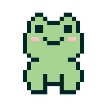 Cute Pixel Frog with Blush and Smile Illustration. Perfect for retro, game, and playful design themes. Ideal for use in gaming and fun projects. vector