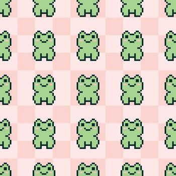 Charming pixel art pattern featuring adorable green frogs on a pink checkered background. Ideal for playful designs and creative projects in a retro digital style. vector