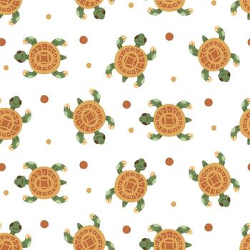Turtle pattern in a seamless texture, top view. Flat color. Styled turtle view with detailed shell pattern and dots. Packaging suitable for design, teaching, and decoration. vector