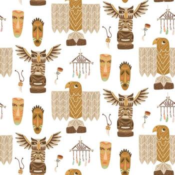 modelo de objetos, tribal tótem postes, y mascaras inspirado por indígena Arte. departamento, vistoso, sin costura textura. adecuado para cultural o educativo proyectos, temprano colonos, y nativo americanos vector
