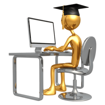 gyllene examen figur bär keps och klänning använder sig av en dator på en skrivbord isolerat på transparent bakgrund png