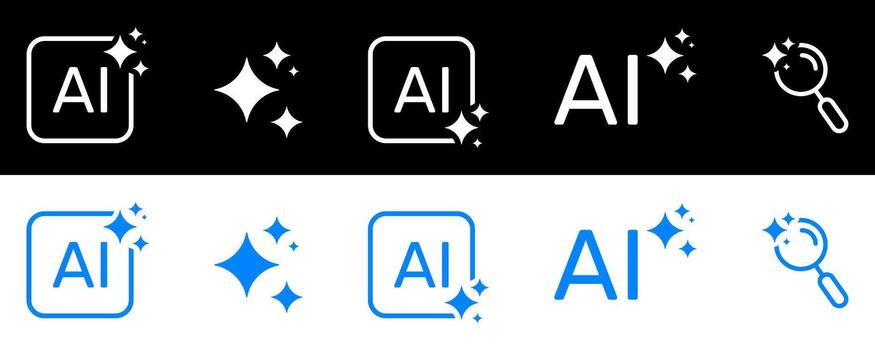 Artificial Intelligence Sparkles AI Recognition and Search Solid Icon Set. Machine Learning Data Processing Future Technology Silhouette Symbol Collection. Isolated Illustration vector