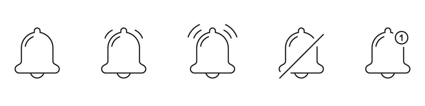 Notification Bell Icon Set. Alert, Reminder, And Mute Symbols Collection. User Interface And Communication Elements. Editable Stroke. Isolated Illustration vector