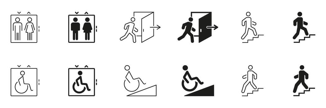 Elevator, Exit and Accessibility Icon Set. Public Facility Navigation And Accessibility Symbols Collection. Isolated Illustration vector