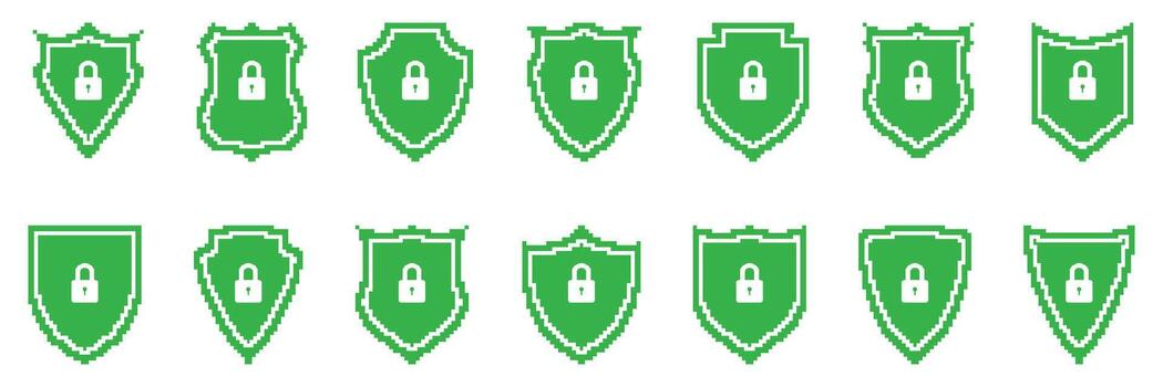 Green Shield With Lock Pixel Art Icon Set. Cybersecurity And Data Protection Symbol Collection. Digital Security And Privacy Assurance. Isolated Illustration vector