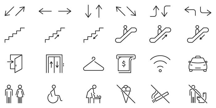 direccional y instalaciones íconos colocar. navegación, accesibilidad y público comodidades contorno símbolo recopilación. editable ataque. aislado ilustración vector