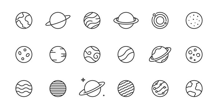 Planetary And Celestial Bodies Line Icon Set. Astronomy, Space Exploration, And Solar System Outline Symbol Collection. Editable Stroke. Isolated Illustration vector