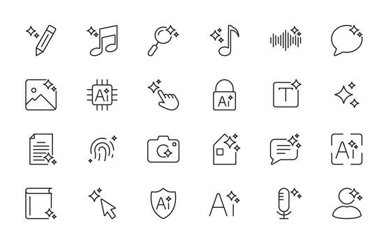 Generate AI Multimedia User Interface. Artificial Intelligence Signs With Sparkle Effect. AI tool and sparkle Line Icon. Editable Stroke. Isolated Illustration vector