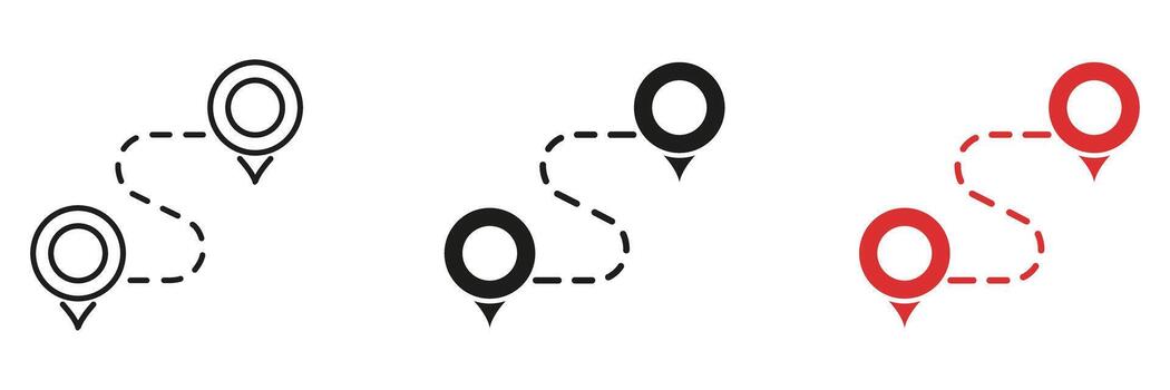 Location Pathway Solid Icon Set. Navigation, Route Planning, And Travel Direction Silhouette Symbol Collection. Map Pin And Dotted Line Representation. Isolated Illustration vector