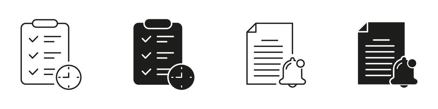 Checklist And Document With Clock And Bell Icon Set. Task Management, Deadline Tracking, And Reminder Notification Symbol. Productivity And Time Management Tools. Isolated Illustration vector