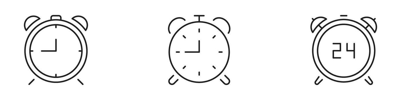 Alarm Clock Line Icon Set. Time Management, Wake-Up, And Scheduling Outline Symbol Collection. Analog And Digital Clock Variations. Editable Stroke. Isolated Illustration vector