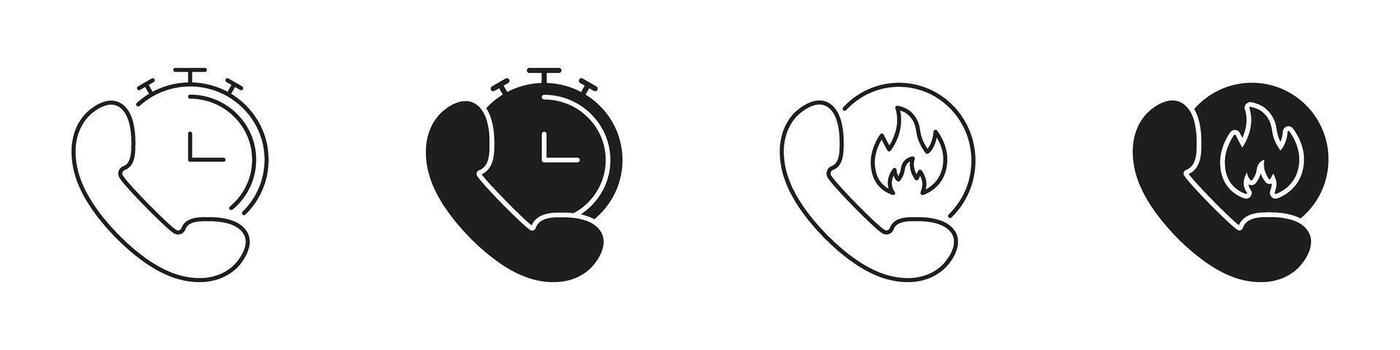 teléfono con cronógrafo y fuego sólido icono colocar. urgente llamada sincronización y emergencia comunicación silueta símbolo recopilación. tiempo sensible y crítico respuesta. aislado ilustración vector