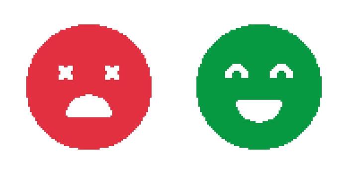 Red And Green Emoji Faces Pixel Art Icon Set. Emotional Expression And Mood Representation Symbol Collection. Positive And Negative Feedback. Isolated Illustration vector