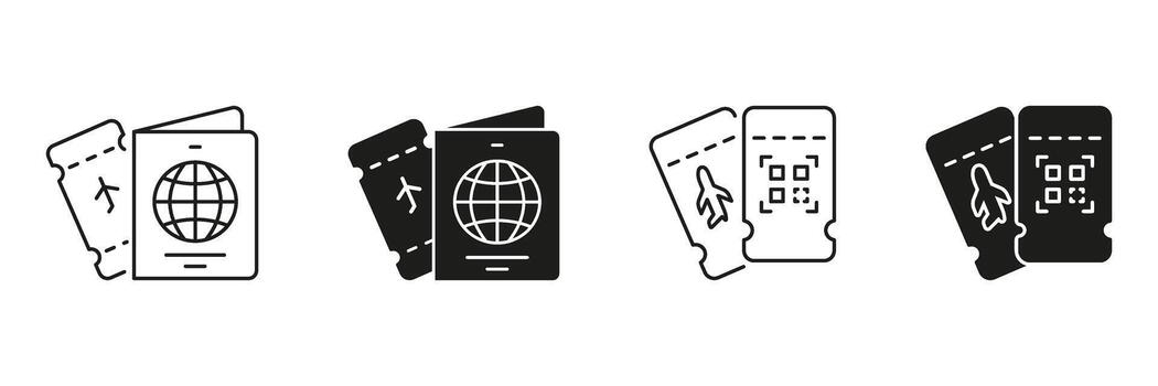 Passport And Boarding Pass Icon Set. Travel Documentation And Flight Ticketing Outline And Silhouette Symbol Collection. International Travel And Identification. Isolated Illustration vector