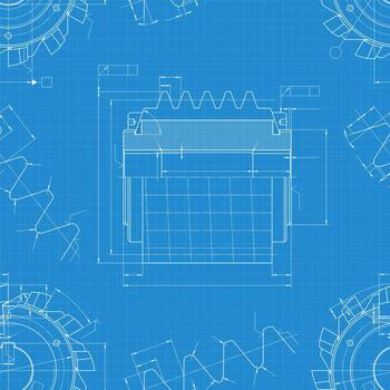 Blueprint seamless pattern of industrial cutting tools and mechanical engineering drawings, precision machining background illustration vector