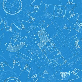 Blueprint seamless pattern featuring detailed mechanical cutter geometry, engineering drawing layout on blue technical background vector