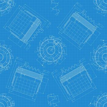 Blueprint seamless pattern with precision mechanical cutter projections, technical industrial drawing on blue background for engineering use vector