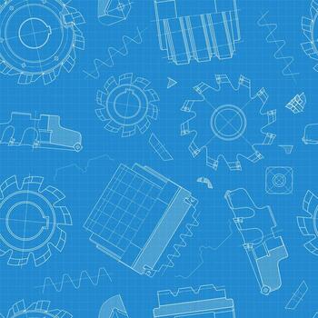 Blueprint seamless pattern of gear and spline milling cutters, technical mechanical design background for manufacturing and machining industry vector