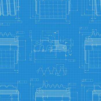 Mechanical blueprint seamless pattern showing detailed spline and gear cutter construction, technical engineering drawing on blue grid vector